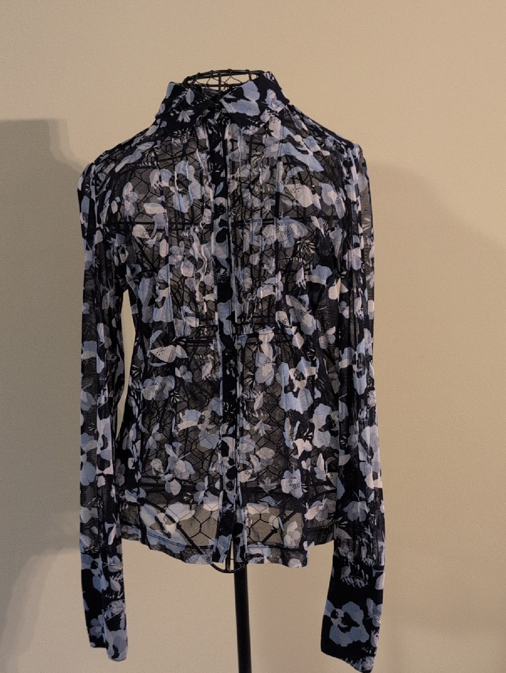 Mexx Black and Light Blue Floral Collared Mesh Blouse